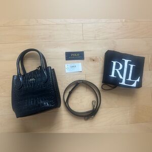Polo Ralph Lauren Women’s Small Bellport Tote Bag Crocodile Print Leather Black